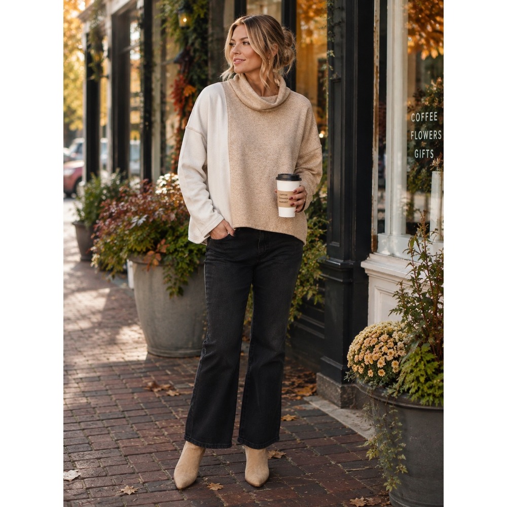 Karen Kane XL Oatmeal Cream Colorblock Cowl Neck Boxy Sweater Made USA
